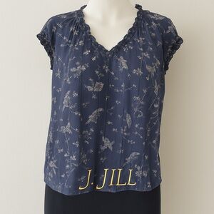 J.Jill Navy Bird Floral Textured Cotton Peasant Blouse Boho Cottagecore Small